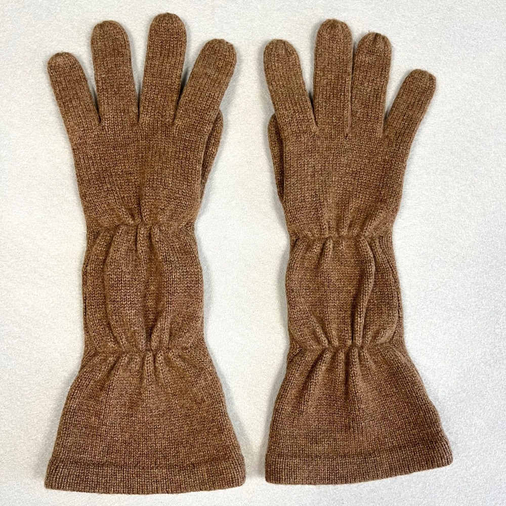 Carolina Amato New York 100% Cashmere Long Ruched Knit Gloves Brown One Size